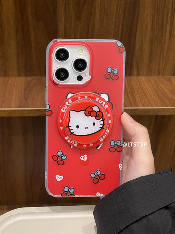 Simple Sanrio Cherry Hellokitty Magnetic Bracket Cute Sanrio iPhone Case Full Body Protective Case For IPhone 11-15 Pro Max