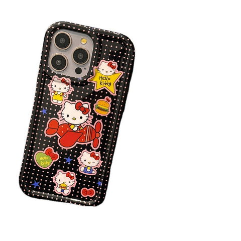 Cute Cartoon Black Polka Dot Hello Kitty Sanrio Hellokitty Open Airplane Stand for Apple 15 Phone Case Japanese and Korean Ins Creative Personality IPhone14promax/13/12/11