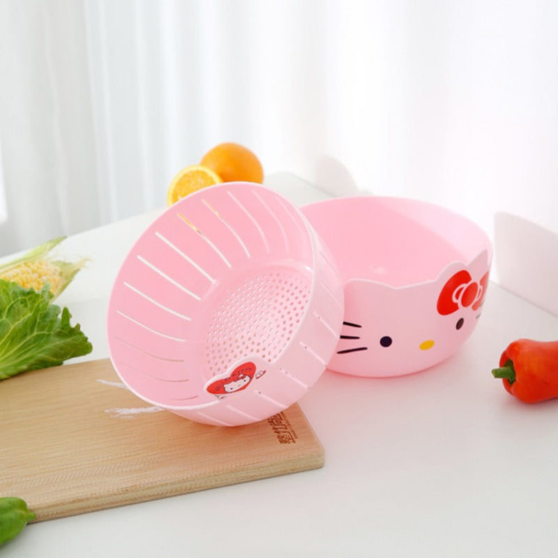 Cute Cartoon Kitchen Double-layer Vegetable Washing Basin, Drainage Basket, Multifunctional Rice Washer, Rice Sieve, Fruit Plate, Vegetable Basket