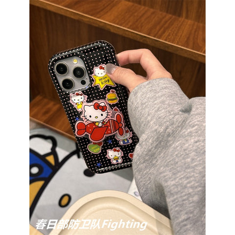 Cute Cartoon Black Polka Dot Hello Kitty Sanrio Hellokitty Open Airplane Stand for Apple 15 Phone Case Japanese and Korean Ins Creative Personality IPhone14promax/13/12/11