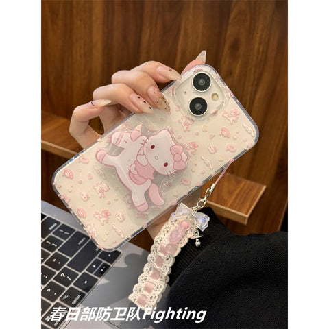 Cute Cartoon Sanrio My Melody Hello Kitty Unicorn Bracket for Apple 15 Mobile Phone Case Pendant Japan and South Korea Ins Wind Girl IPhone14promax13 Anti-fall 12/11 Protective Cover.