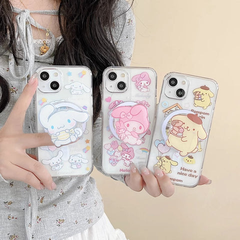 Cute Cartoon Sanrio Magnetic Bracket for Apple 15promax Phone Case Couple IPhone14 New 15pro Niche 11 Female 13 Anti-fall 12 Silicone 14pro All-inclusive Protective Case.