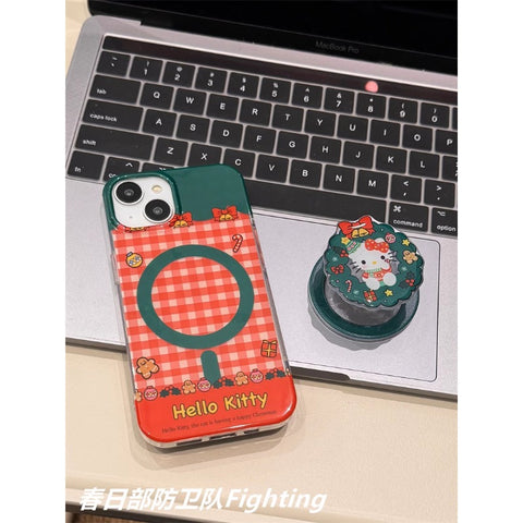 Sanrio Cute Cartoon Christmas Flower Basket Bell Plaid Hellokitty Kitty Cat Magnetic Stand Suitable for Apple 15 Phone Case Wireless Charging iPhone 14 promax 13/12/11