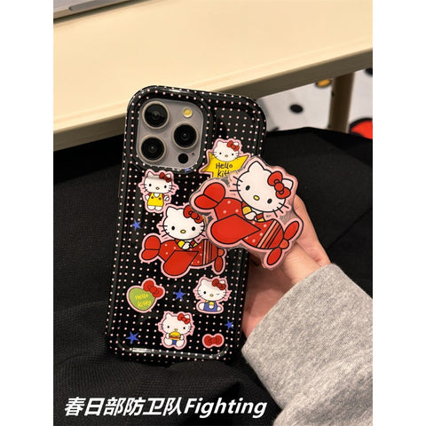 Cute Cartoon Black Polka Dot Hello Kitty Sanrio Hellokitty Open Airplane Stand for Apple 15 Phone Case Japanese and Korean Ins Creative Personality IPhone14promax/13/12/11